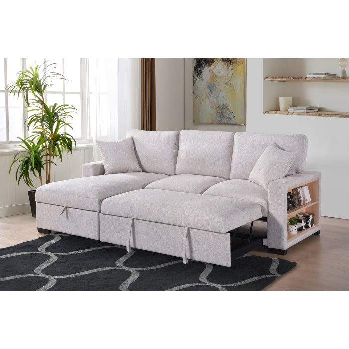 Camden 2-Piece Sectional with Pull-Out Sleeper, Drop-Down Table, Bookcase Arms, 2 Pillows, and Left Storage Chaise, Beige Fabric image 6