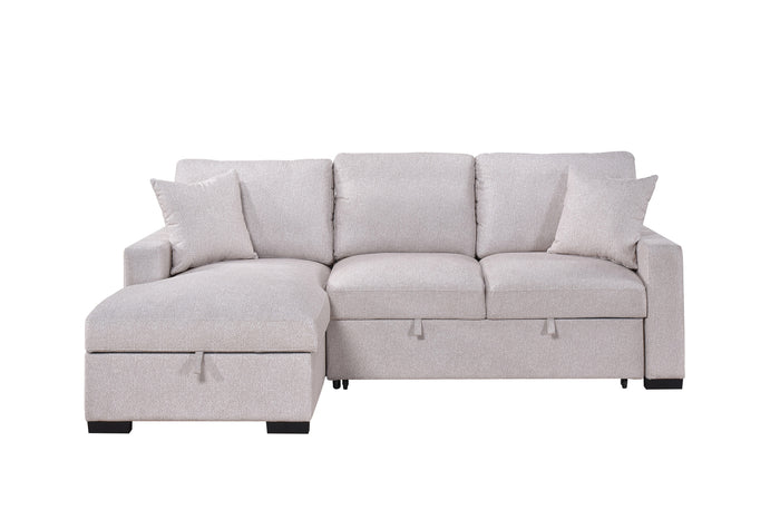 Camden 2-Piece Sectional with Pull-Out Sleeper, Drop-Down Table, Bookcase Arms, 2 Pillows, and Left Storage Chaise, Beige Fabric image 9