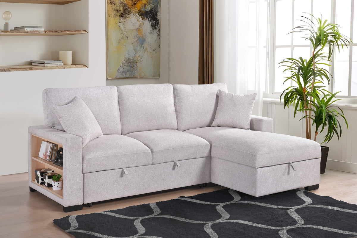 Camden 2-Piece Sectional with Pull-Out Sleeper, Drop-Down Table, Bookcase Arms, 2 Pillows, and Right Storage Chaise, Beige Fabric