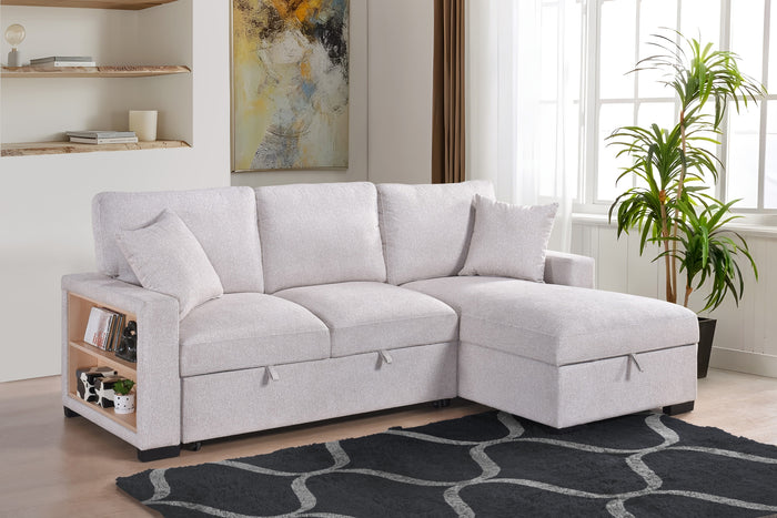 Camden 2-Piece Sectional with Pull-Out Sleeper, Drop-Down Table, Bookcase Arms, 2 Pillows, and Right Storage Chaise, Beige Fabric image 1
