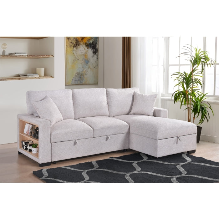 Camden 2-Piece Sectional with Pull-Out Sleeper, Drop-Down Table, Bookcase Arms, 2 Pillows, and Right Storage Chaise, Beige Fabric image 5