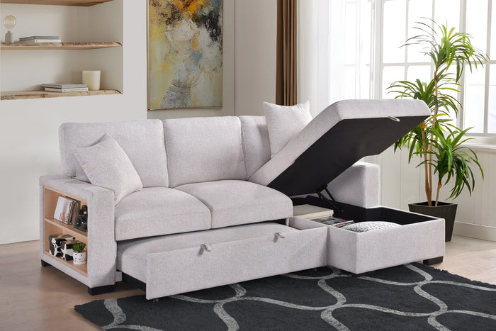 Camden 2-Piece Sectional with Pull-Out Sleeper, Drop-Down Table, Bookcase Arms, 2 Pillows, and Right Storage Chaise, Beige Fabric image 3