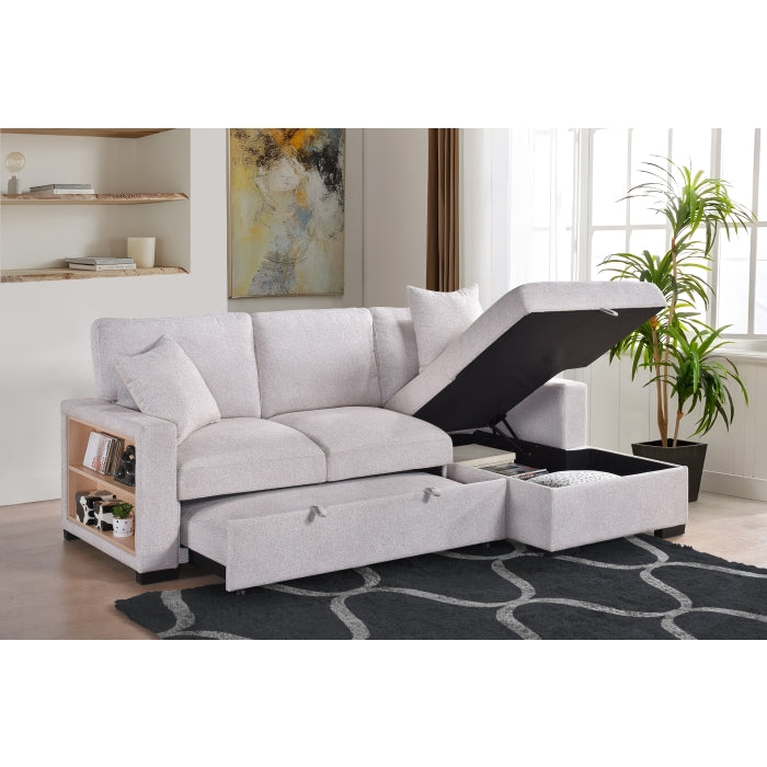 Camden 2-Piece Sectional with Pull-Out Sleeper, Drop-Down Table, Bookcase Arms, 2 Pillows, and Right Storage Chaise, Beige Fabric image 7