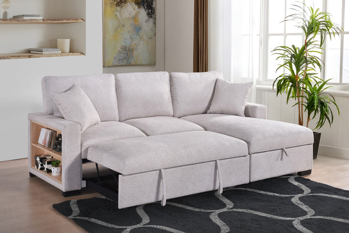 Camden 2-Piece Sectional with Pull-Out Sleeper, Drop-Down Table, Bookcase Arms, 2 Pillows, and Right Storage Chaise, Beige Fabric image 4
