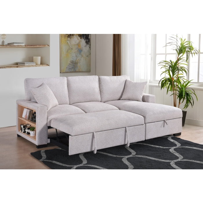Camden 2-Piece Sectional with Pull-Out Sleeper, Drop-Down Table, Bookcase Arms, 2 Pillows, and Right Storage Chaise, Beige Fabric image 8