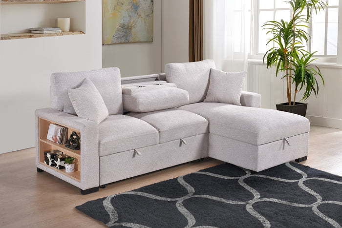 Camden 2-Piece Sectional with Pull-Out Sleeper, Drop-Down Table, Bookcase Arms, 2 Pillows, and Right Storage Chaise, Beige Fabric image 2