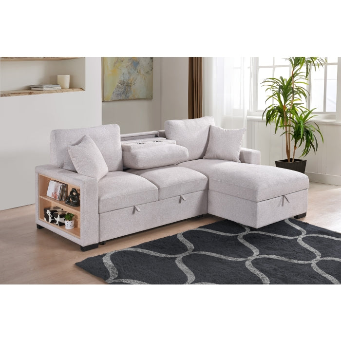 Camden 2-Piece Sectional with Pull-Out Sleeper, Drop-Down Table, Bookcase Arms, 2 Pillows, and Right Storage Chaise, Beige Fabric image 6