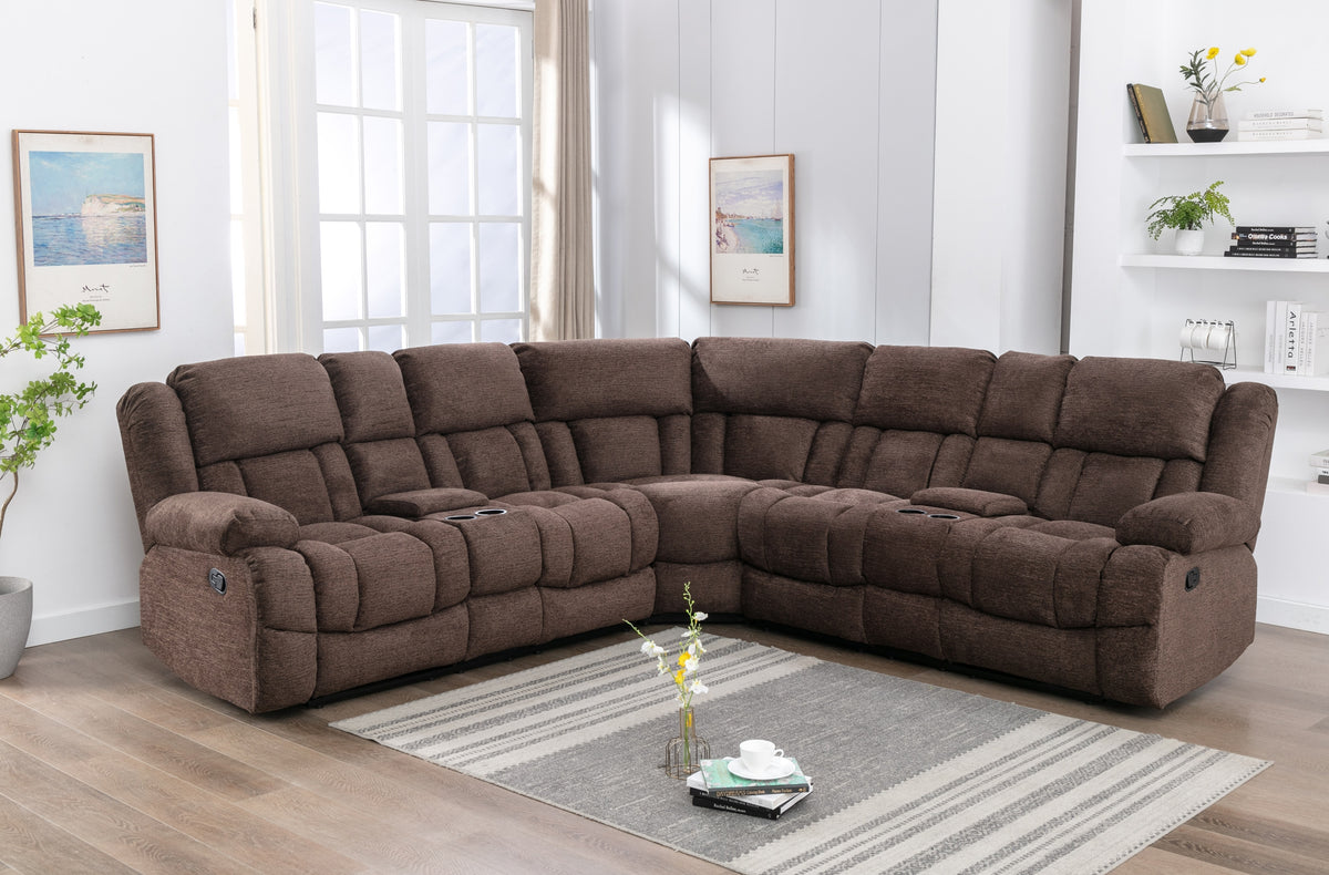 Brooks 3-Piece Modular Reclining Sectional with Consoles, Brown Chenille