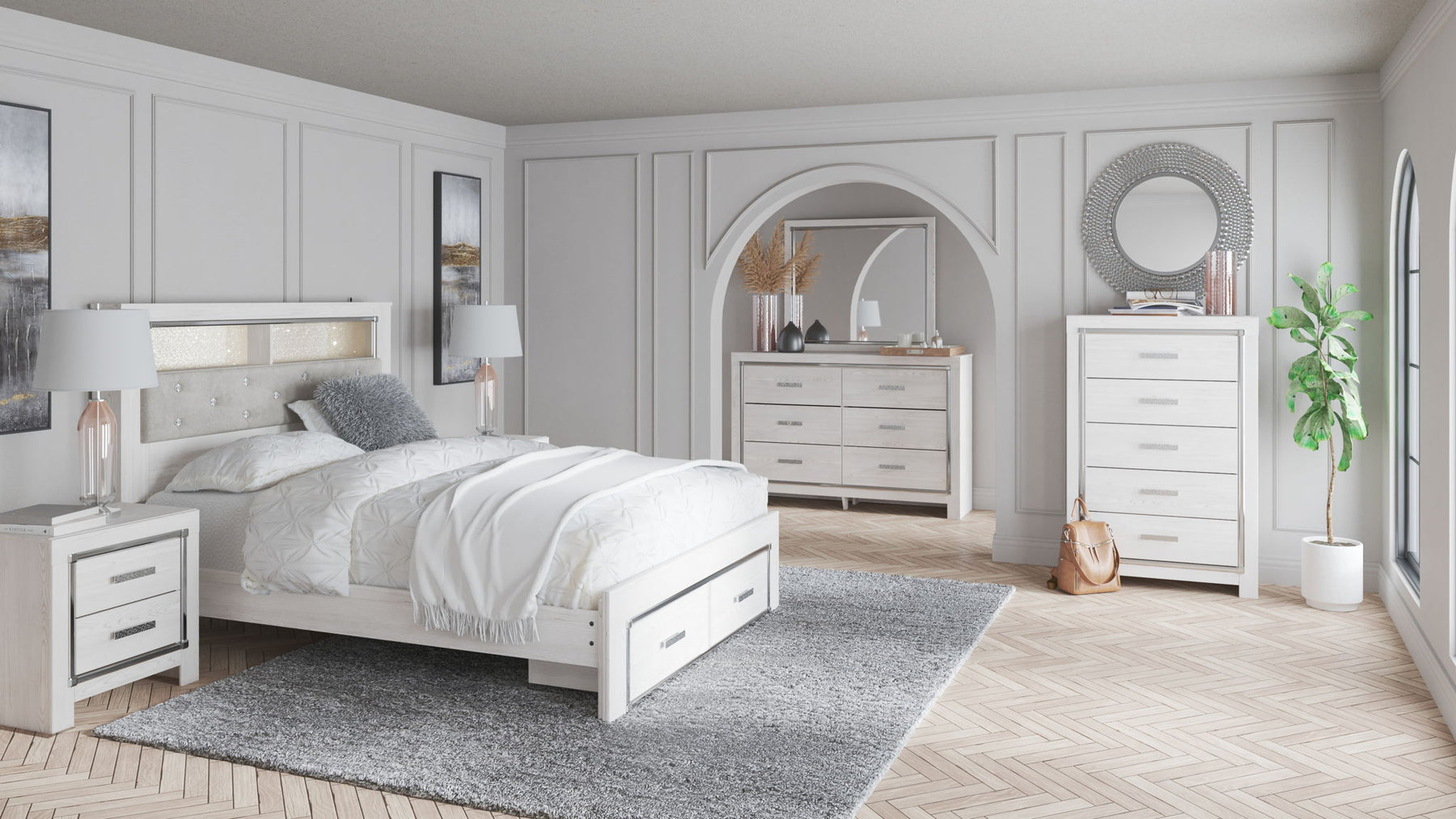 White / 7 Pc. Bed, Dresser, Mirror, Chest / King