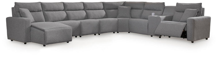 Modmax II - 8-Piece Power Reclining Sectional With LAF Press Back Power Chaise And Console - Salt And Pepper image 1