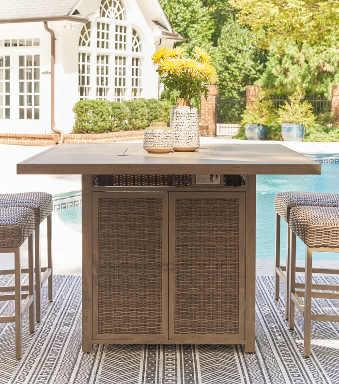 Walton Bridge - 5 Pc. - Square Bar Table W/Fire Pit, 4 Barstools - Driftwood image 2