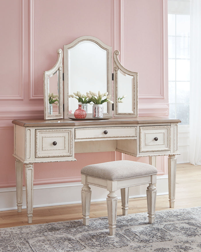 Realyn - Vanity/Mirror/Stool (Set of 3) - White / Brown / Beige image 3