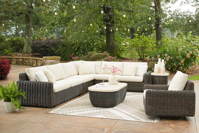 Kimora - 7 Pc. - 4-Piece Outdoor Sectional, Swivel Glider Lounge, Cocktail Table, End Table - Beige / Dark Brown image 1