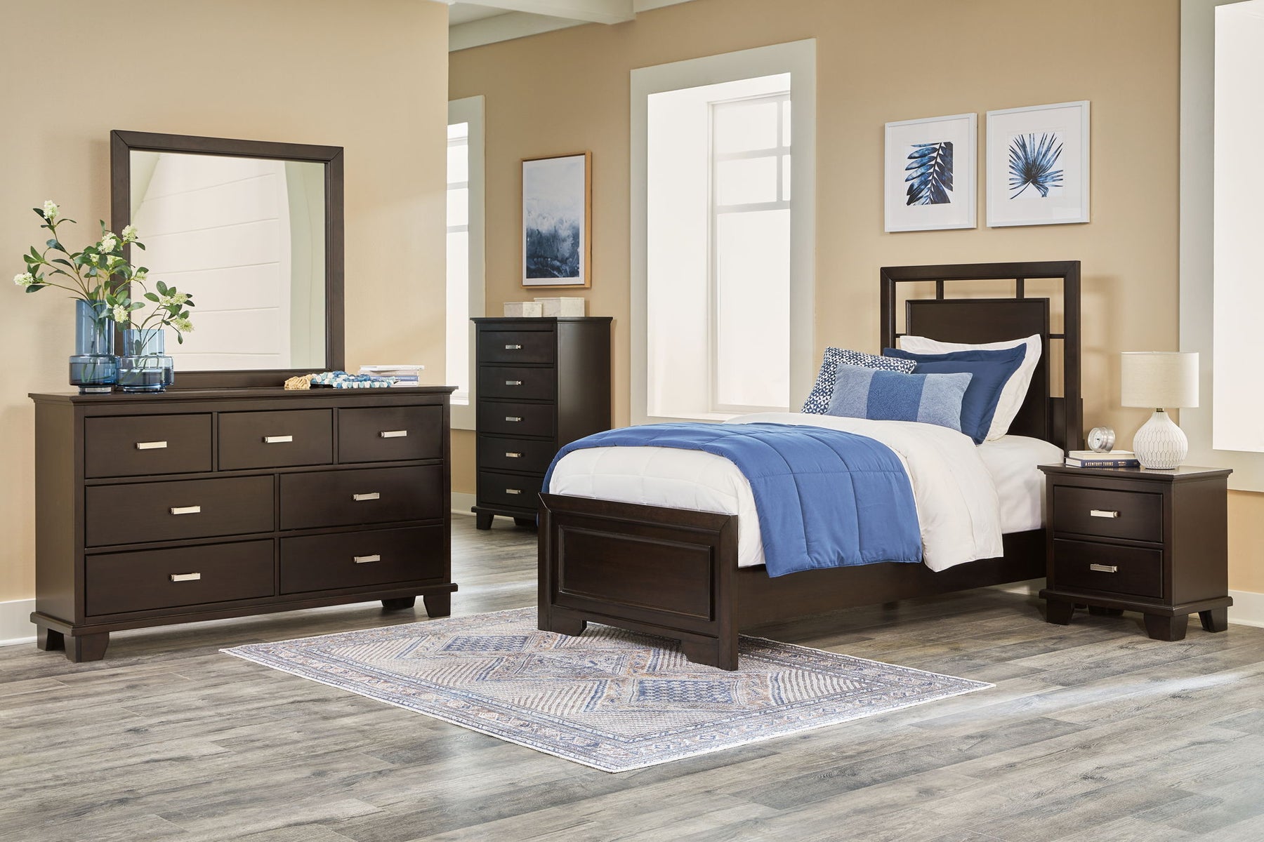 Dark Brown / 6 Pc. Bed, Dresser, Mirror, 2 Nightstands / Twin
