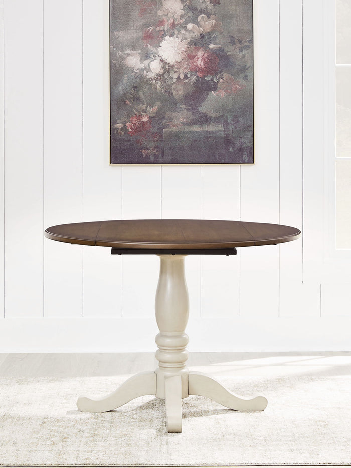 Wirloni - Round Dining Room Drop Leaf Table - Antique White / Brown image 4