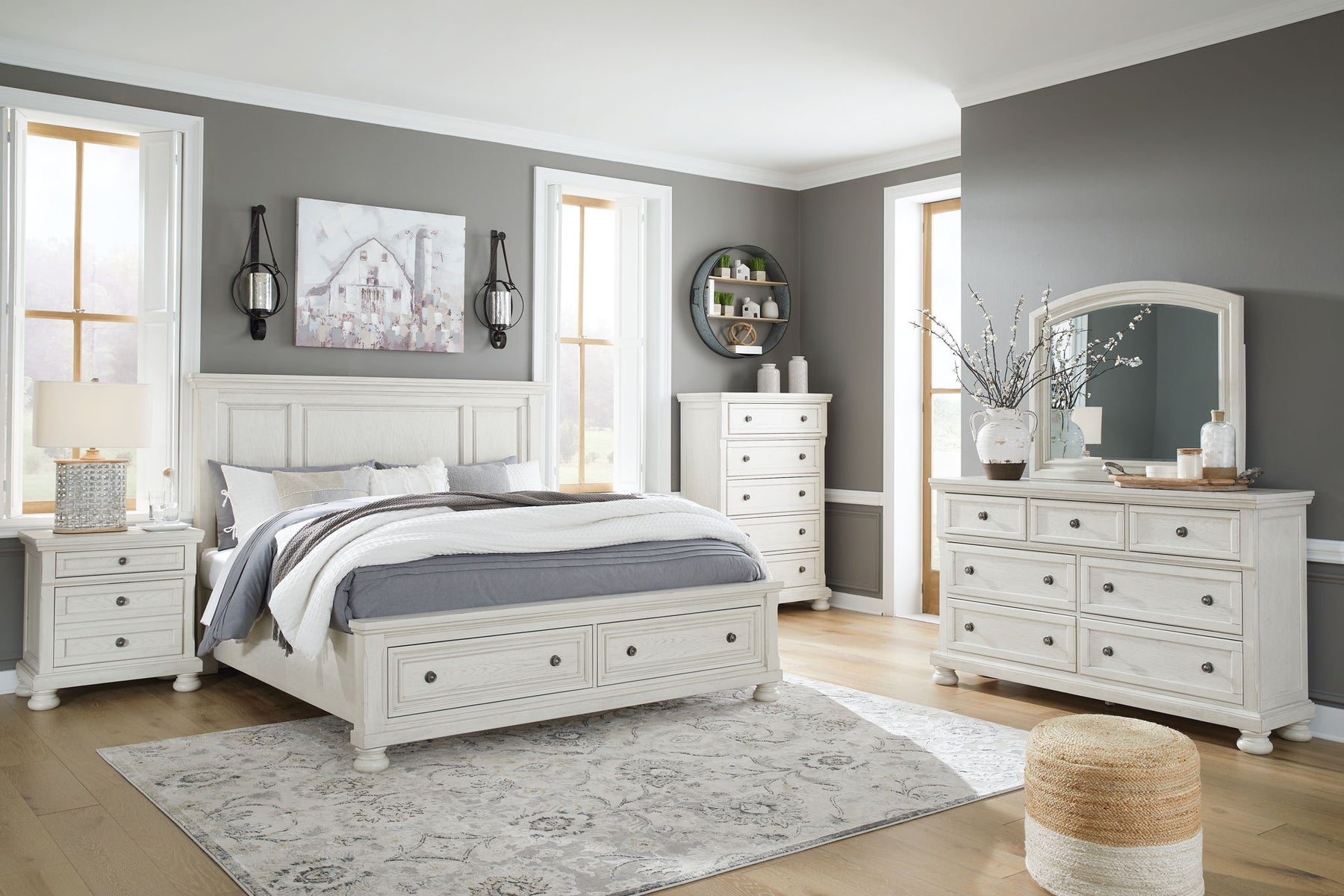 White / 6 Pc. Bed, Dresser, Mirror, Chest / Queen