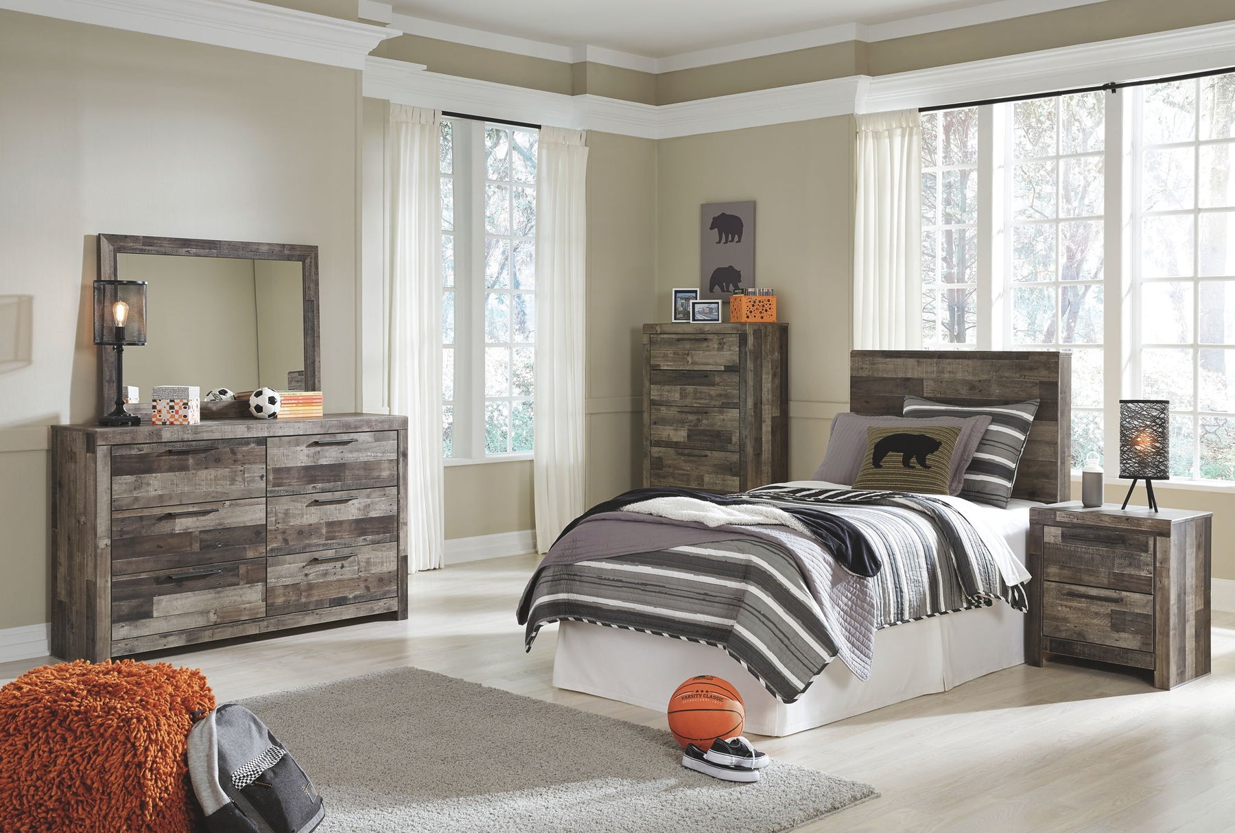 Dark Gray / 6 Pc. Panel Headboard, Dresser, Mirror, Chest, Nightstand / Twin