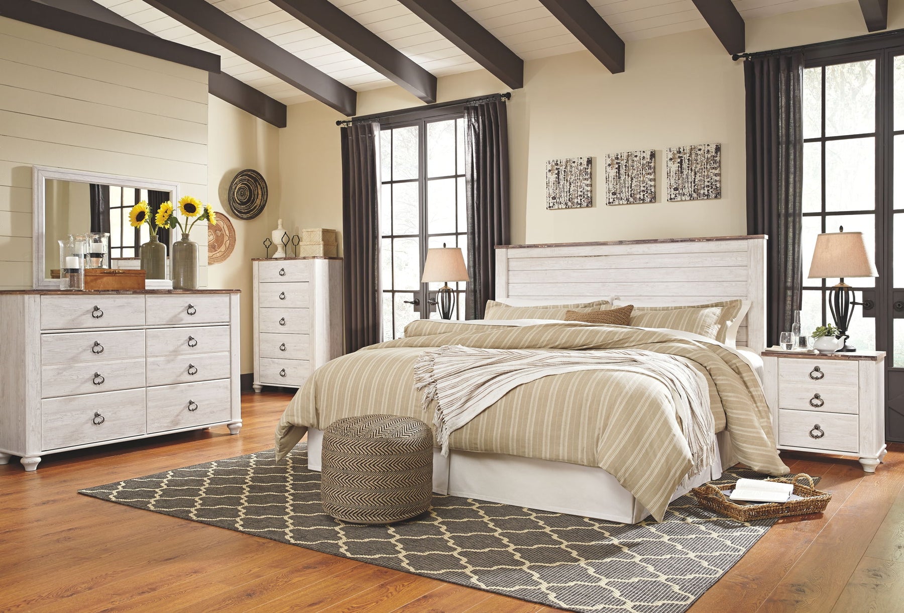 Beige / 4 Pc. Panel Headboard, Dresser, Mirror, Chest / King