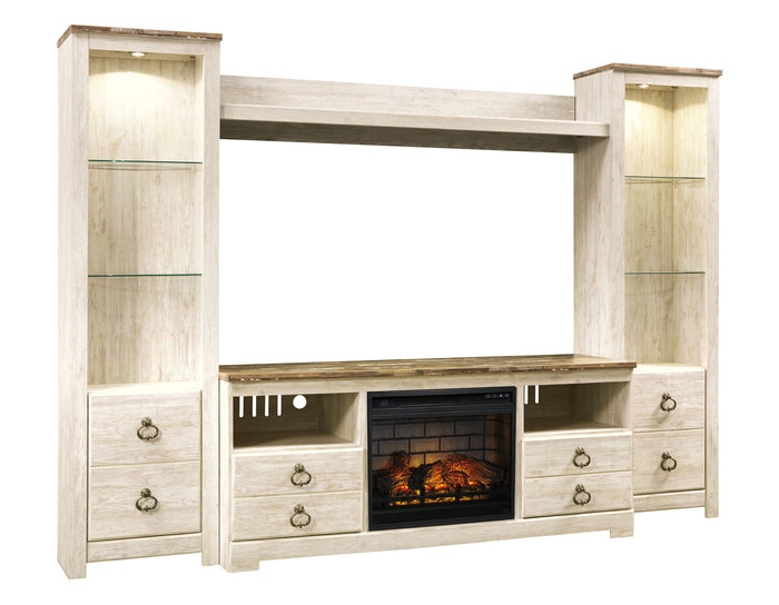 Willowton - Entertainment Center - TV Stand With Faux Firebrick Fireplace Insert - Whitewash image 1