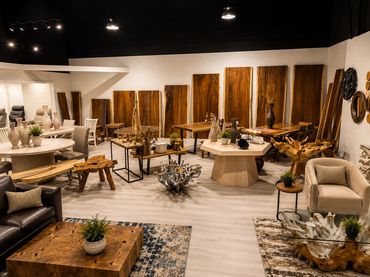 HEFT Home showroom wall decor and solid wood accents