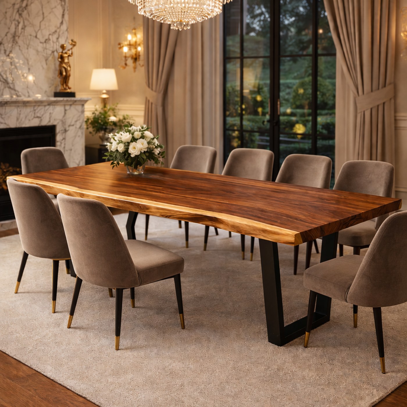 Walnut live edge dining with crystal chandelier