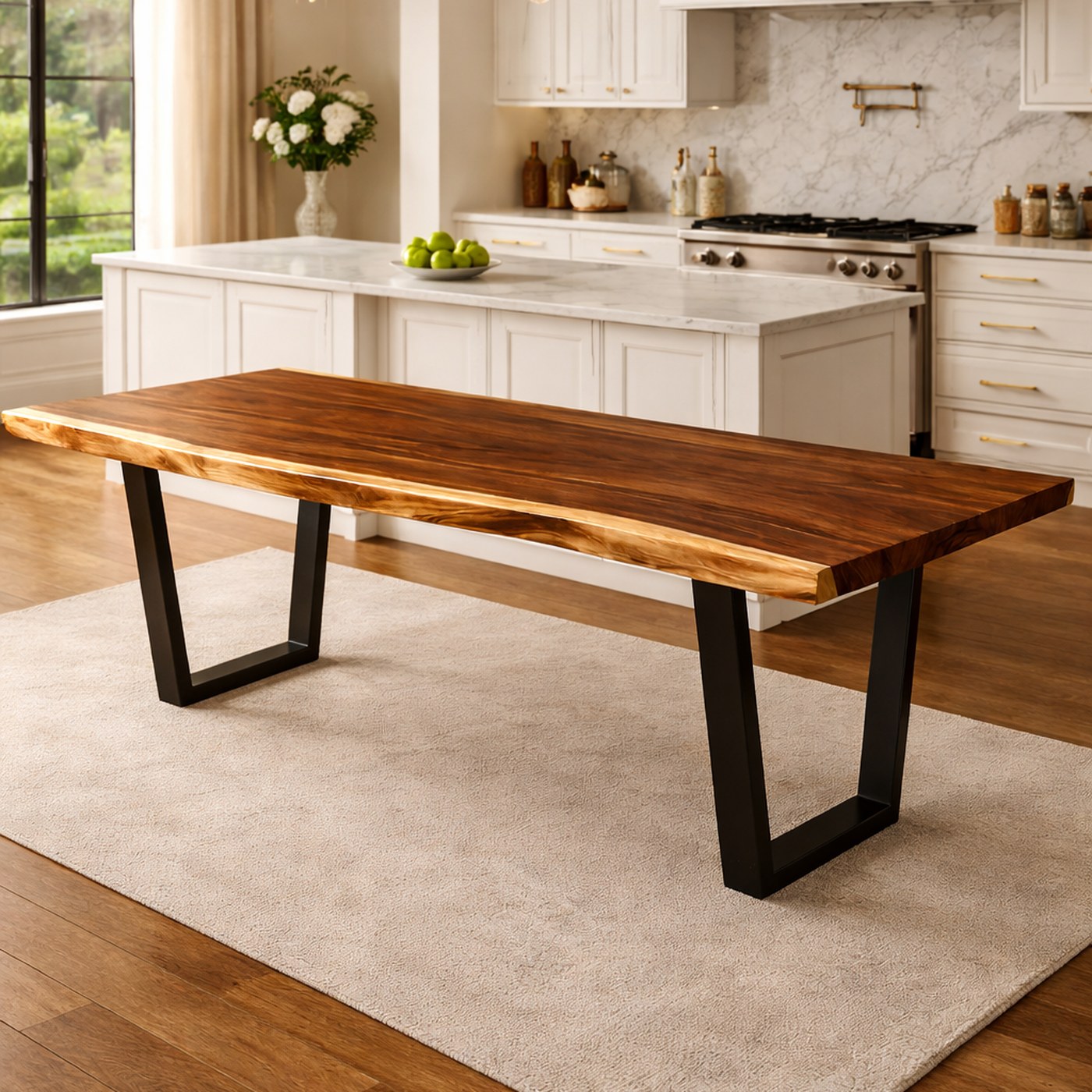 Walnut live edge table in modern kitchen