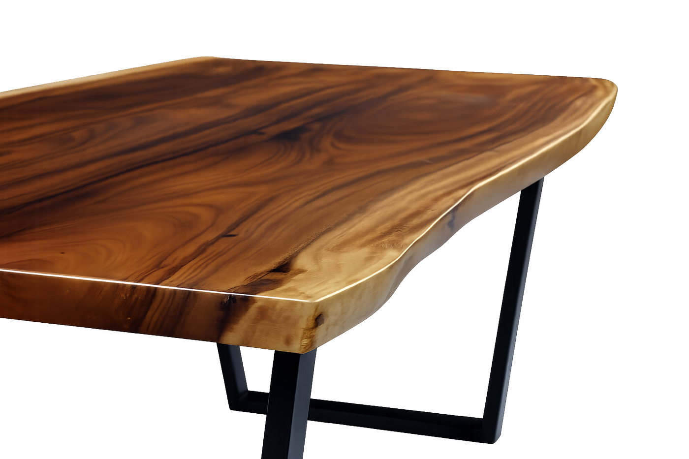 Live edge monkeypod table corner with metal trapezoid leg