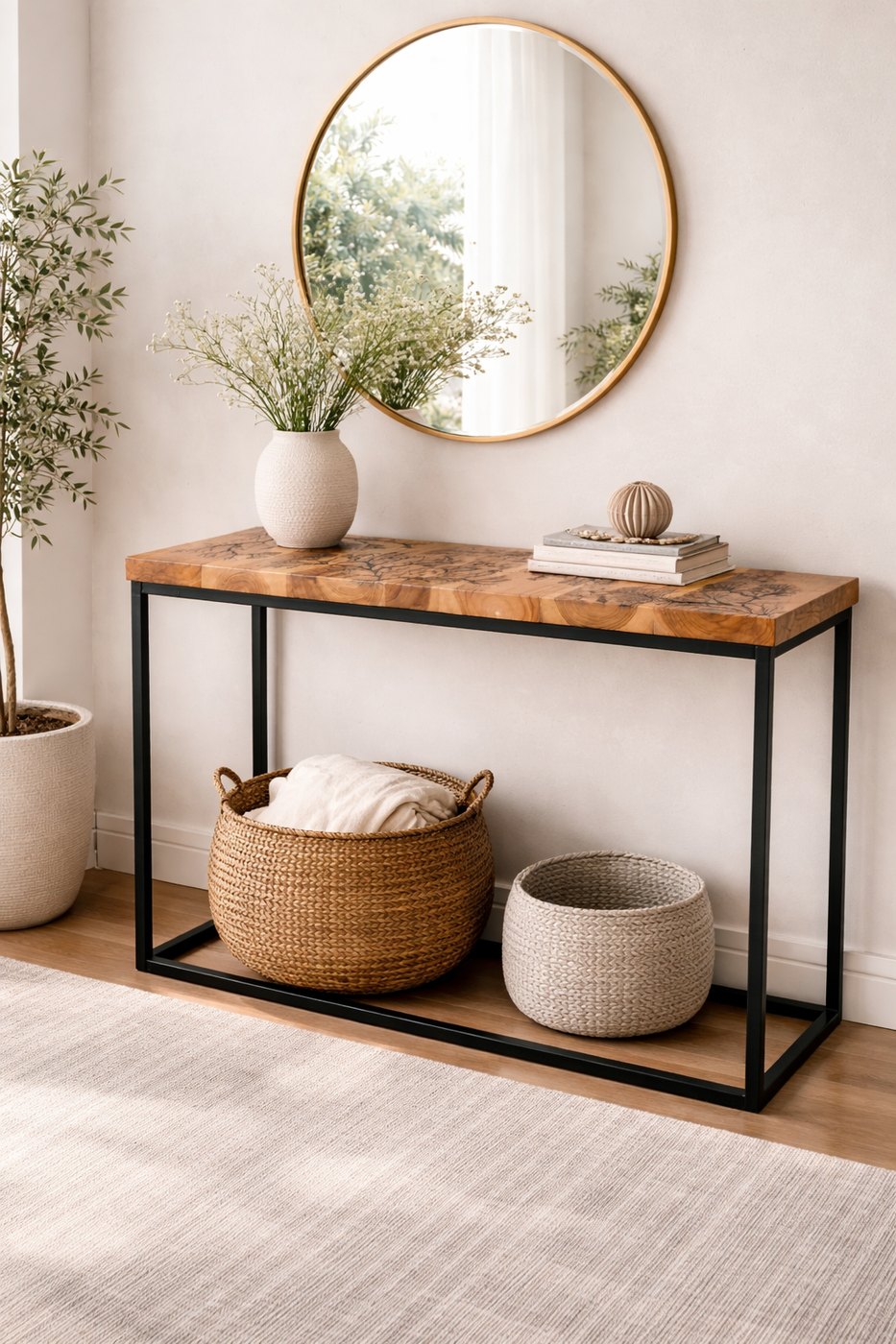 Vella Solid Teak Console Table with Lichtenberg fractal burning